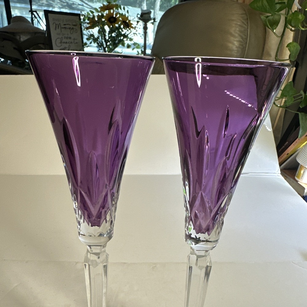 Waterford Lismore Jewels Amethyst Flute Lead Crystal 12 In. Champagne Set Of 2 - Picture 2 of 7